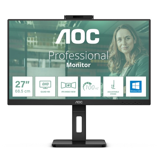 AOC Q27P3CW, 27" QHD IPS, 100Hz, 4ms, 2x HDMI 1.4, 1x DisplayPort 1.2, 1x USB-C 90W, 1x RJ45, webcam, monitor