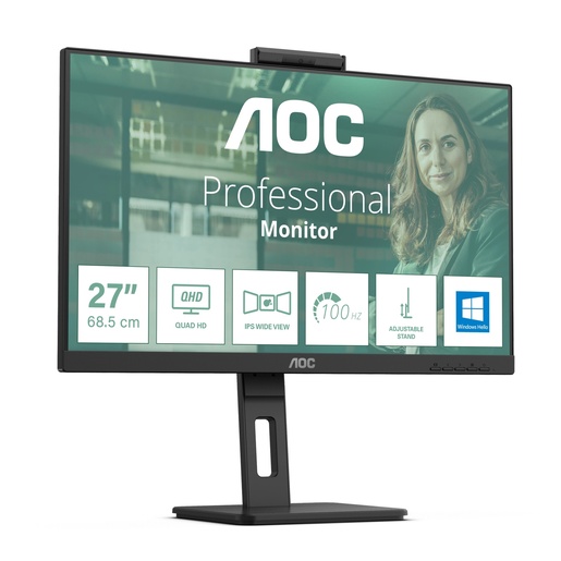 AOC Q27P3CW, 27" QHD IPS, 100Hz, 4ms, 2x HDMI 1.4, 1x DisplayPort 1.2, 1x USB-C 90W, 1x RJ45, webcam, monitor