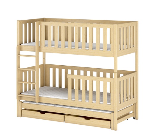 Drveni dječji krevet na kat Lea s tri kreveta i ladicom - svijetlo drvo -  160x80 cm