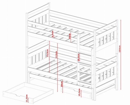 Drveni dječji krevet na kat Seweryn s tri kreveta i ladicom  - kašmir - 160x80 cm