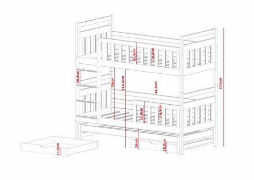 Drveni dječji krevet na kat Klara s tri kreveta i ladicom - olive - 190x90 cm