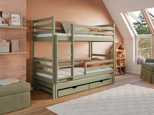 Drveni dječji krevet na kat Luk s tri kreveta i ladicom - olive -  180x80 cm