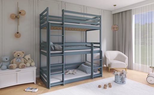 Drveni dječji krevet na kat Ted s tri kreveta  - grafit - 180x80 cm