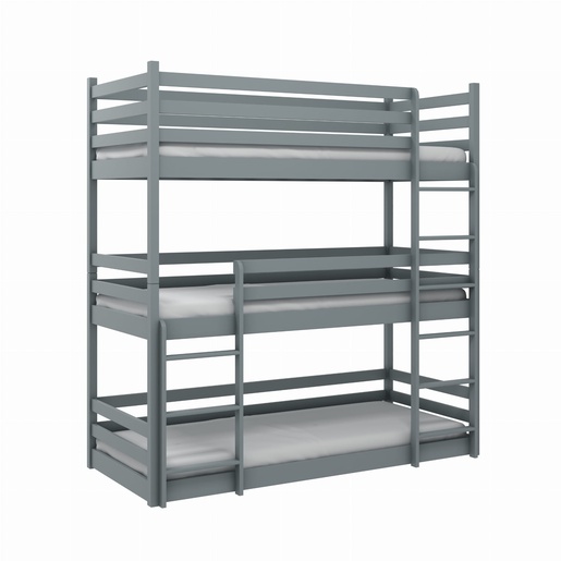 Drveni dječji krevet na kat Ted s tri kreveta  - grafit - 180x80 cm