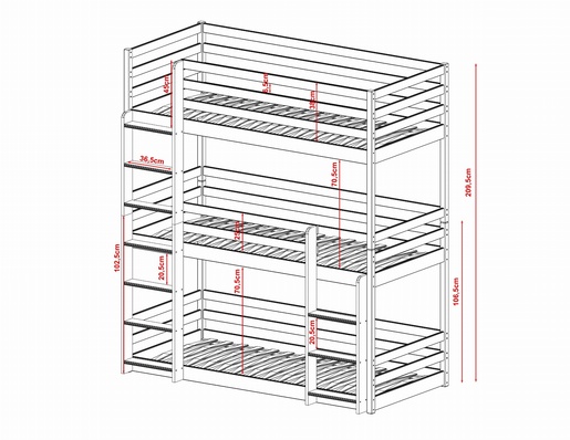 Drveni dječji krevet na kat Ted s tri kreveta  - grafit - 180x80 cm