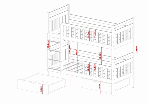 Drveni dječji krevet na kat Monika s ladicom - kašmir - 200x90 cm