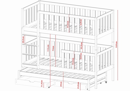 Drveni dječji krevet na kat Lea s tri kreveta i ladicom - svijetlo drvo -  190x90 cm