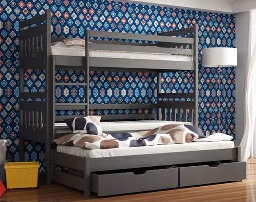 Drveni dječji krevet na kat Seweryn s tri kreveta i ladicom  - grafit - 180x80 cm