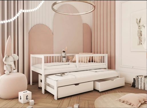 Drveni dječji krevet Softi s dodatnim krevetom i ladicom - bijeli - 190x90