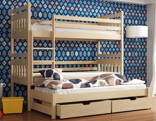 Drveni dječji krevet na kat Seweryn s tri kreveta i ladicom  - svijetlo drvo - 160x80 cm