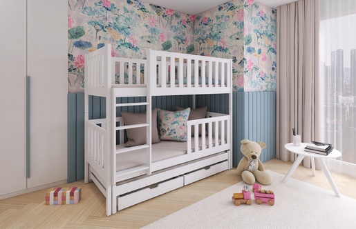 Drveni dječji krevet na kat Lea s tri kreveta i ladicom - bijeli -  190x90 cm