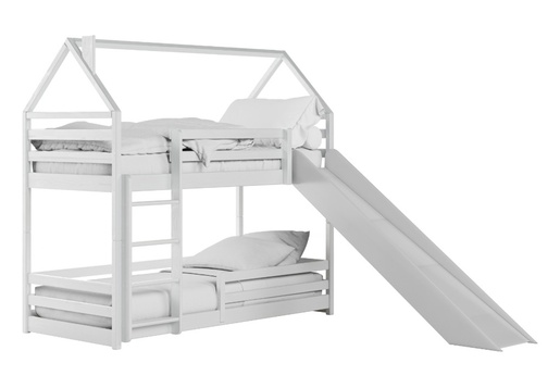 Drveni dječji krevet na kat Play s toboganom - bijeli - 200x90