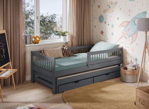 Drveni dječji krevet Softi s dodatnim krevetom i ladicom - grafit - 190x90