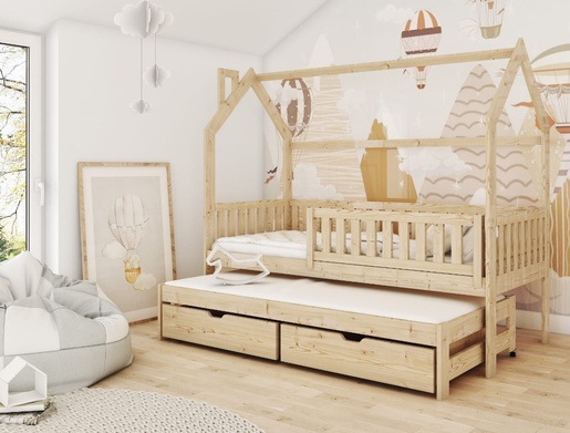 Drveni dječji krevet Monkey s dodatnim krevetom i ladicom - svijetlo drvo - 180x80 cm