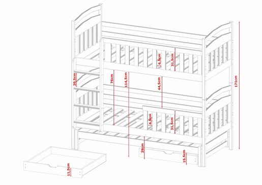 Drveni dječji krevet na kat Viki s tri kreveta i ladicom  - kašmir - 190x90 cm