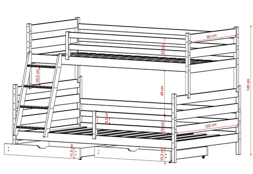 Drveni dječji krevet na kat Nora Family New s dvije ladice - svijetlo drvo - 90/120x200 cm