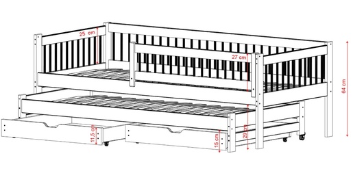 Drveni dječji krevet Softi s dodatnim krevetom i ladicom - bijeli - 160x80