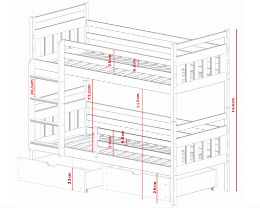 Drveni dječji krevet na kat Adas s ladicom - grafit - 180x80 cm