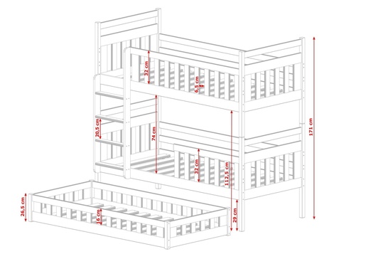 Drveni dječji krevet na kat Oliwia s tri kreveta  - svijetlo drvo - 190x90 cm