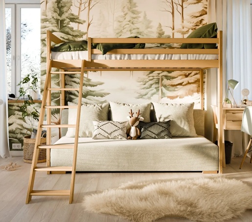 Drveni dječji krevet na kat Sofino na razvlačenje - svijetlo drvo - 90x200/140x200 cm