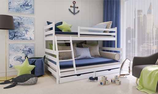 Drveni dječji krevet na kat Nora Family New s dvije ladice - bijeli - 90/120x200 cm