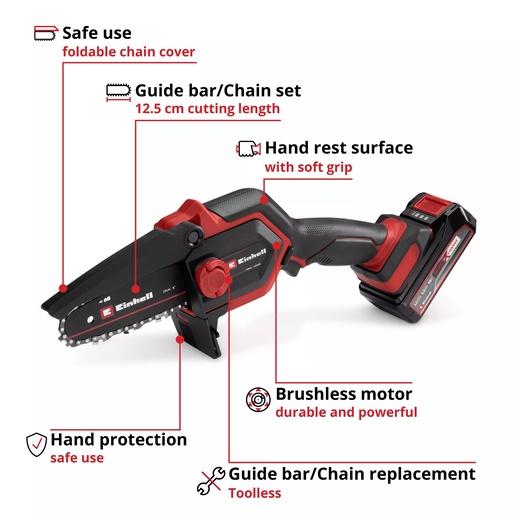 EINHELL akumulatorska lančana pila za grane u setu GE-PS 18/15 Li, 18 V, duljina rezanja 12.5 cm, baterija + punjač 2.5 Ah + rezervni lanac + torba