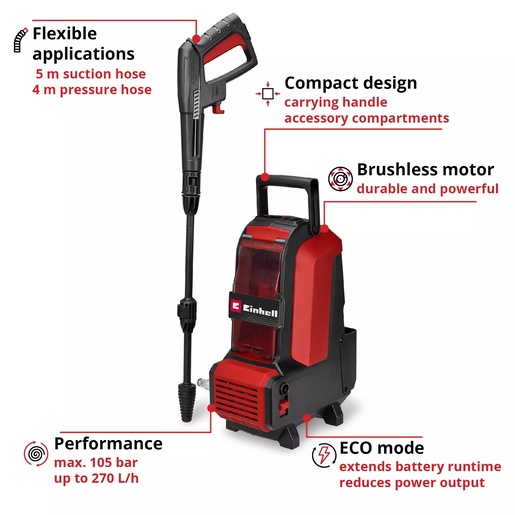 EINHELL akumulatorski visokotlačni perač HYPRESSO 36/105 Li-Solo, 2x18 V, 105 bar, 270 L/h