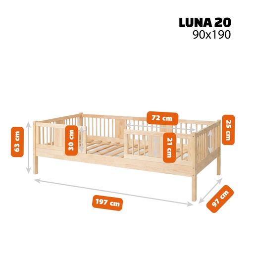 Drveni dječji krevet Luna 20 - svijetlo drvo - 190x90 cm - S ladicom