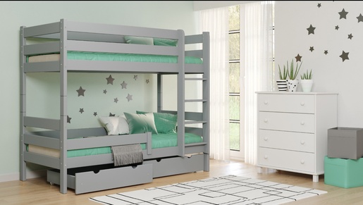 Drveni dječji krevet na kat Gagatek Lux - sivi - 180x80 cm - S 2 ladice
