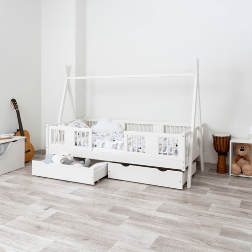 Drveni dječji krevet Luna Tipi - bijeli - 200x90 cm - S 2 ladice