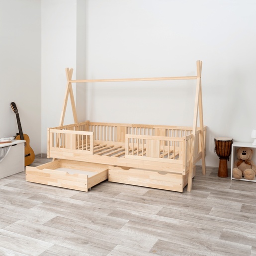 Drveni dječji krevet Luna Tipi - svijetlo drvo - 200x90 cm - S 2 ladice