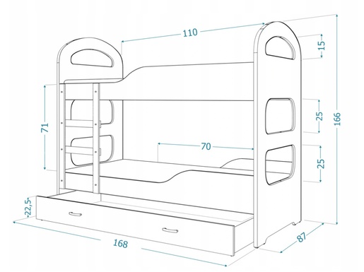 Drveni dječji krevet na kat Dominik s ladicom - sivi - 160x80 cm - 8 cm PE madrac