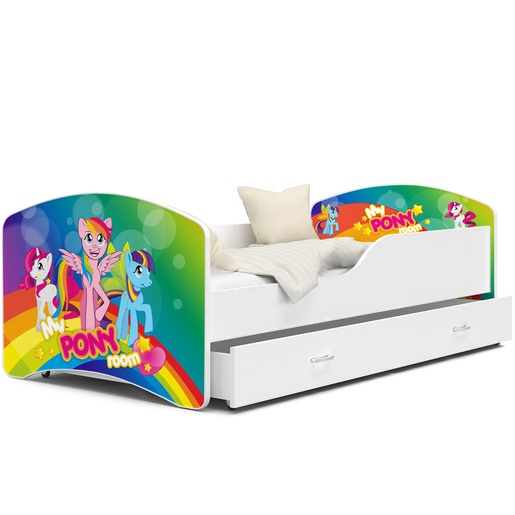 Drveni dječji krevet Tomi s ladicom - PONY - 180x80 cm bijeli - 8 cm PE madrac