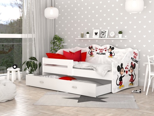 Drveni dječji krevet Neli s ladicom - MIKI i MINNIE - 160x80 cm bijeli - 8 cm PE madrac