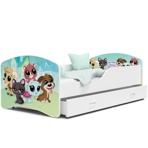 Drveni dječji krevet Tomi s ladicom - KUĆNI LJUBIMCI - 160x80 cm bijeli - 8 cm PE madrac