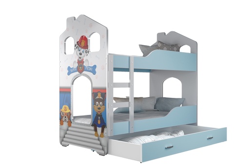 Drveni dječji krevet na kat Dominik Domek - PAW PATROL - plavi - 190x80 cm - 8 cm PE madrac