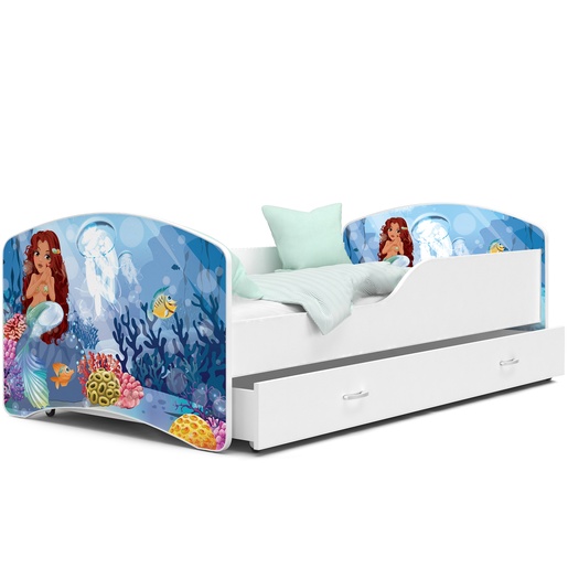Drveni dječji krevet Tomi s ladicom - SIRENA - 160x80 cm bijeli - 8 cm PE madrac