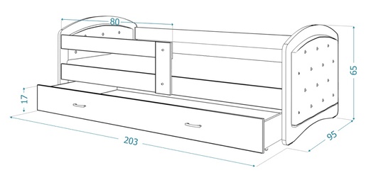 Dječji tapicirani krevet MEGI kristali - sivi - 200x90 cm - 8 cm PE madrac