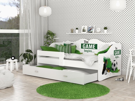 Drveni dječji krevet Neli s ladicom - NOGOMET - 180x80 cm bijeli - 8 cm PE madrac