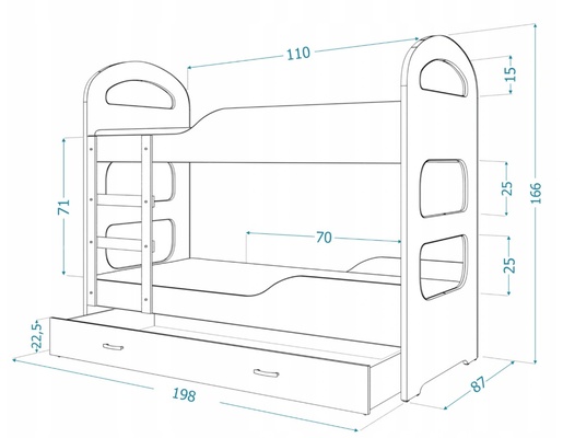 Drveni dječji krevet na kat Dominik s ladicom - sivi - 190x80 cm - 8 cm PE madrac