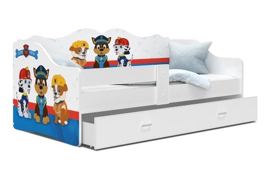Drveni dječji krevet Neli s ladicom - PAW PATROL - 160x80 cm bijeli - 8 cm PE madrac