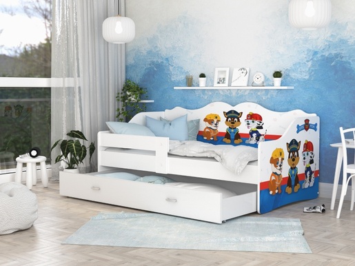 Drveni dječji krevet Neli s ladicom - PAW PATROL - 160x80 cm bijeli - 8 cm PE madrac
