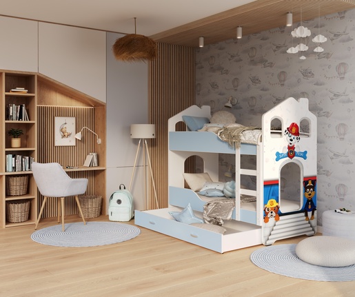 Drveni dječji krevet na kat Dominik Domek - PAW PATROL - plavi - 160x80 cm - 8 cm PE madrac