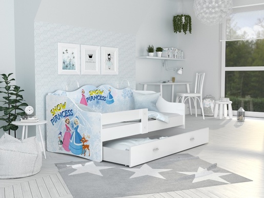Drveni dječji krevet Neli s ladicom - FROZEN - 160x80 cm bijeli - 8 cm PE madrac