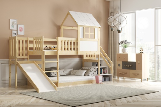 Drveni dječji povišeni krevet Antresola s toboganom I stepenicama - 200x90cm - svijetlo drvo