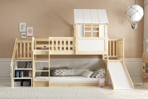 Drveni dječji povišeni krevet Antresola s toboganom I stepenicama - 200x90cm - svijetlo drvo