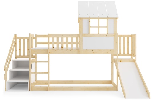 Drveni dječji povišeni krevet Antresola s toboganom I stepenicama - 200x90cm - svijetlo drvo