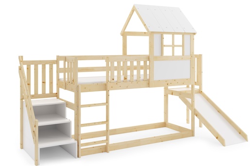 Drveni dječji povišeni krevet Antresola s toboganom I stepenicama - 200x90cm - svijetlo drvo