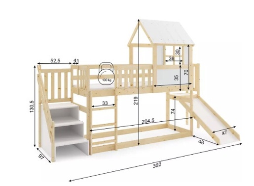 Drveni dječji povišeni krevet Antresola s toboganom I stepenicama - 200x90cm - svijetlo drvo
