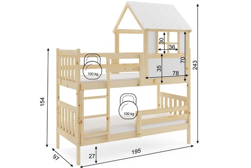 Drveni dječji krevet na kat Kacper House - 190x90 cm - svijetlo drvo